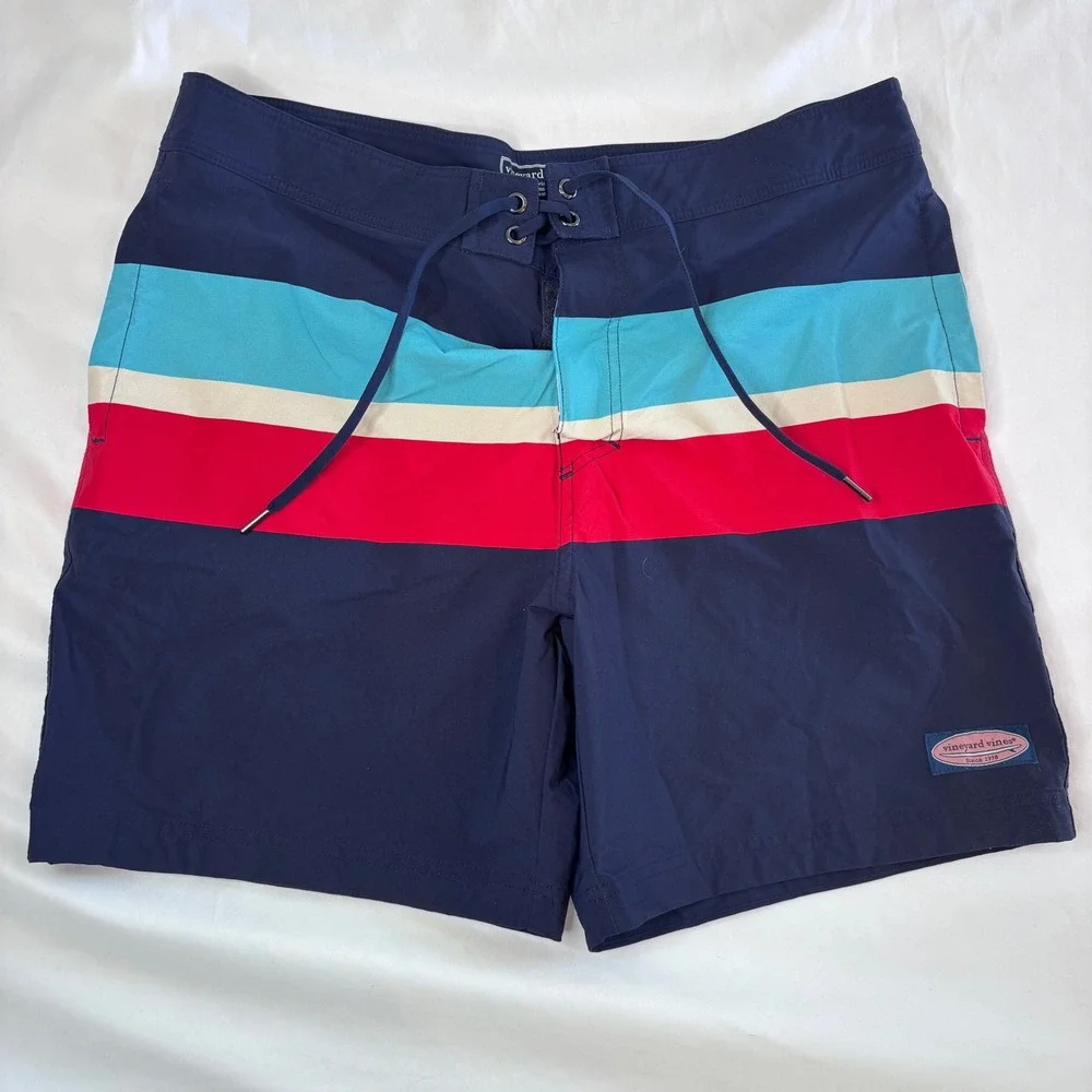 Vineyard Vines Striped Color Block Board Shorts‎ Swim Trunks Navy Blue Red 36